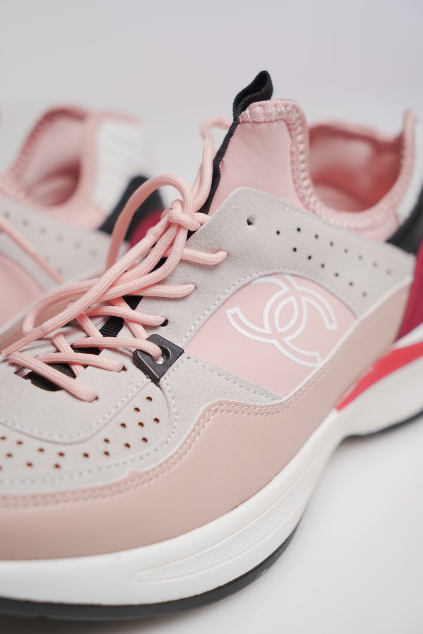 Chanel Nylon Lambskin Suede Calfskin CC Sneakers Pink