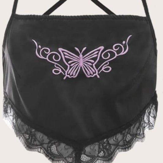 Black Satin Top With Purple Butterfly And Ends Of Lace - BEAUTY BAR