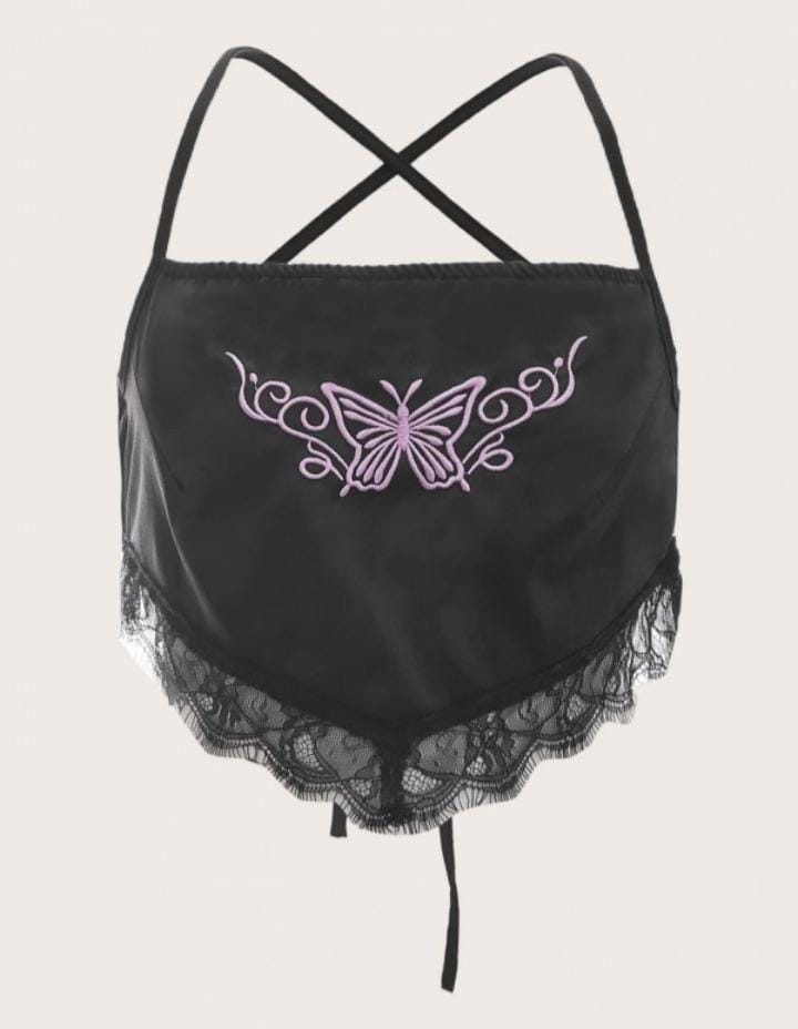 Black Satin Top With Purple Butterfly And Ends Of Lace - BEAUTY BAR