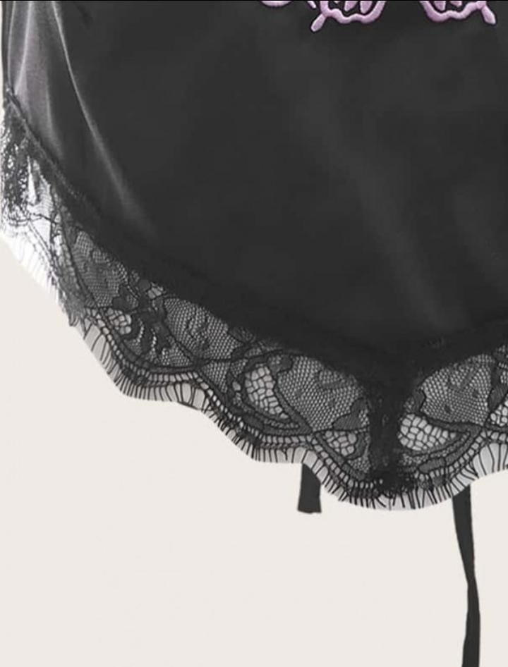 Black Satin Top With Purple Butterfly And Ends Of Lace - BEAUTY BAR