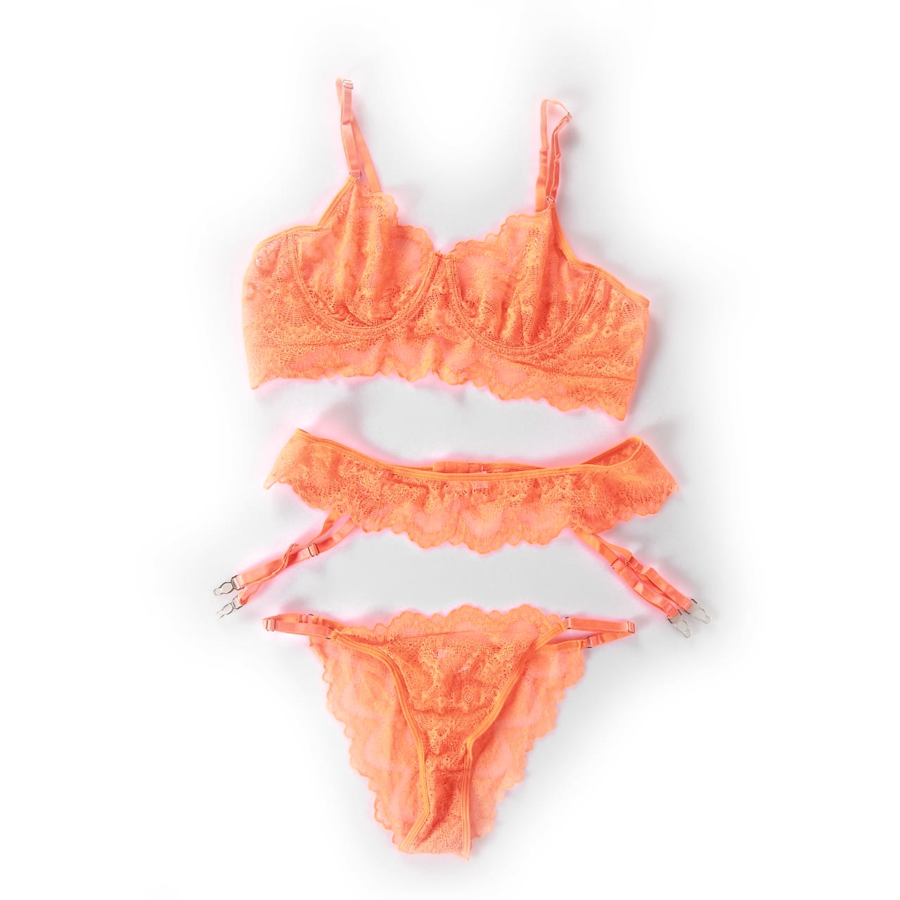Floral Lace Lingerie Set 3 Piece Orange - BEAUTY BAR
