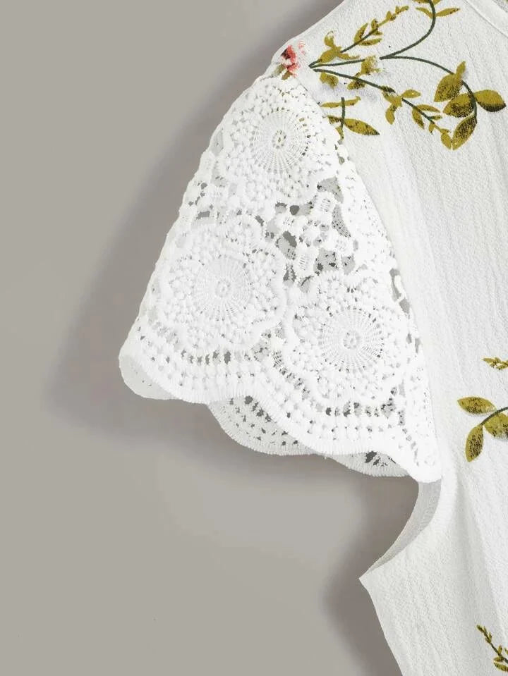 Floral Lace Short Sleeve Crinkle Top - BEAUTY BAR
