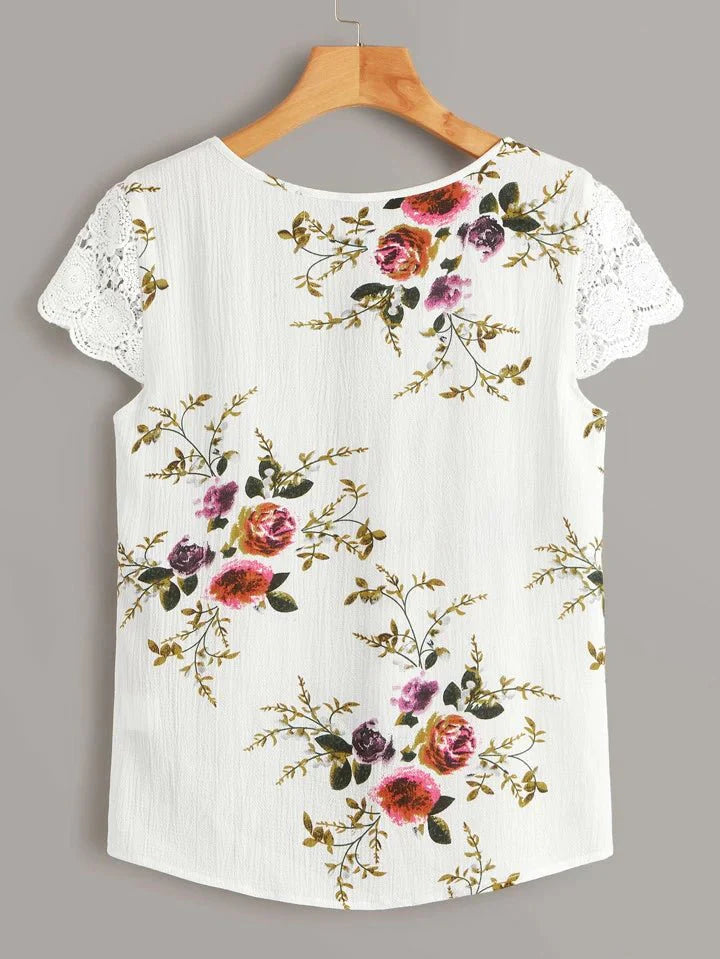 Floral Lace Short Sleeve Crinkle Top - BEAUTY BAR