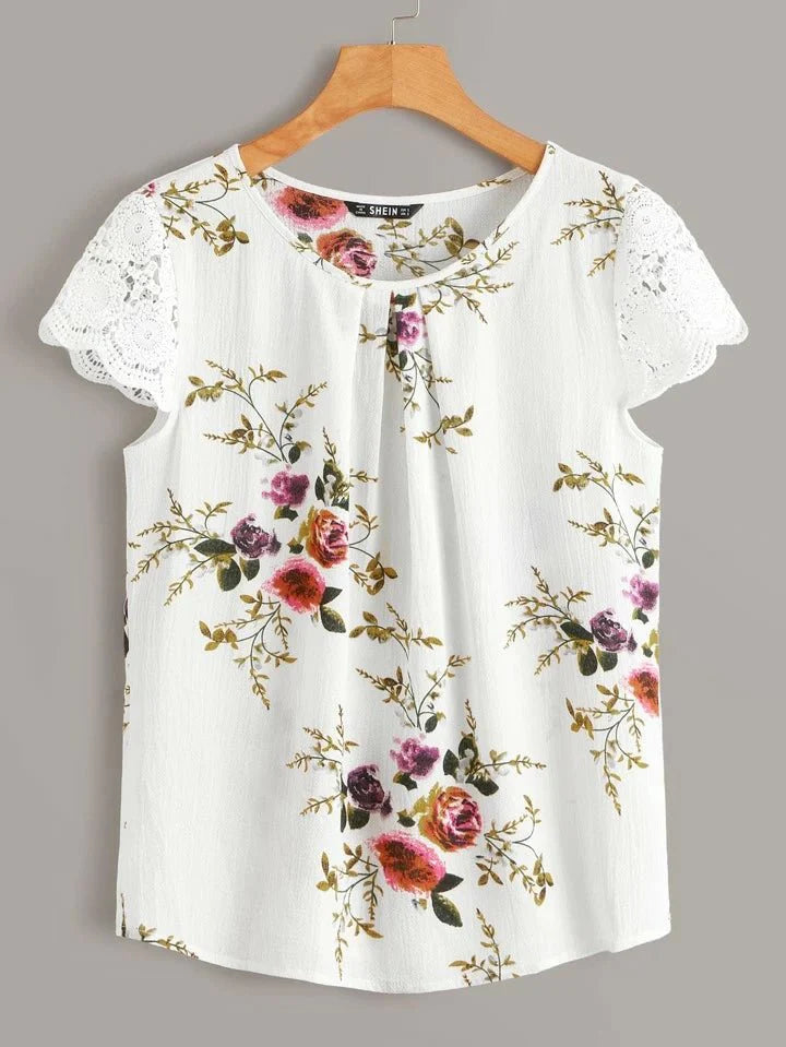 Floral Lace Short Sleeve Crinkle Top - BEAUTY BAR