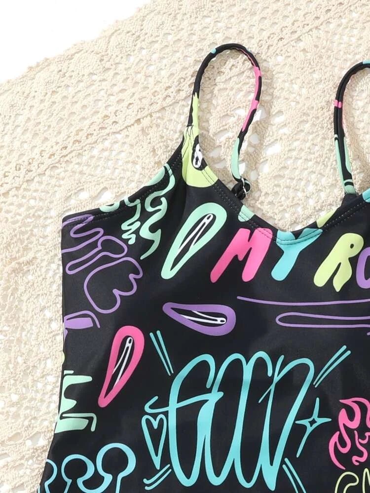 Girls Crown & Letter Graphic One Piece Swimsuit - BEAUTY BAR