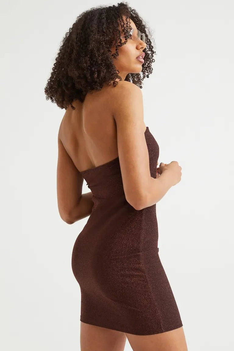 H&M Bandeau Dress Dark Brown/Glitter - BEAUTY BAR