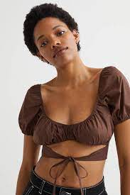 H&M Cropped Cut-Out Blouse Dark Brown - BEAUTY BAR