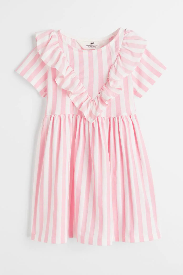H&M Flounce-Trimmed Dress Light Pink/White Striped