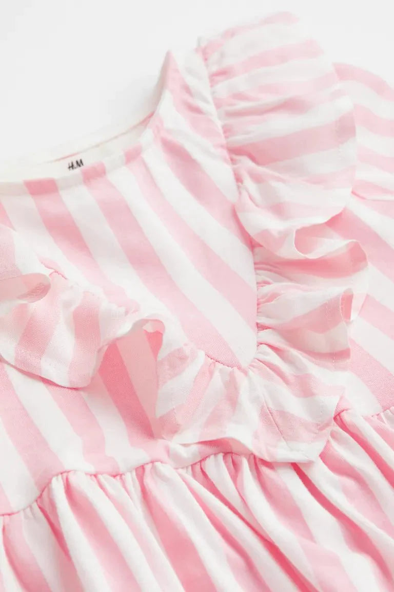 H&M Flounce-Trimmed Dress Light Pink/White Striped