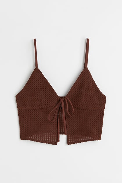 H&M Knitted Tie-Detail Top Dark Brown - BEAUTY BAR