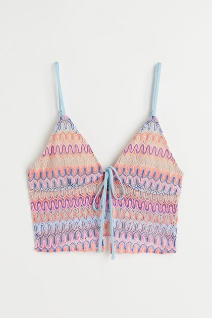 H&M Knitted tie-detail top Light pink/Patterned - BEAUTY BAR