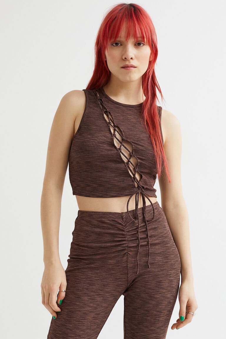 H&M Lacing-Detail Cut-Out Top Dark Brown - BEAUTY BAR