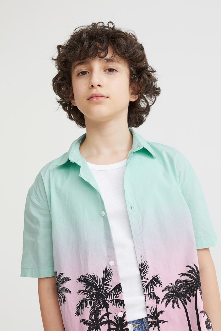 H&M Patterned Cotton Shirt Light Turquoise/Palm Trees - BEAUTY BAR