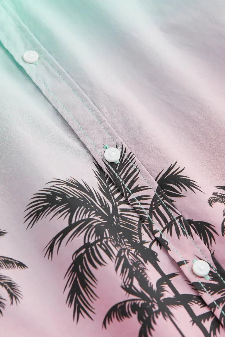 H&M Patterned Cotton Shirt Light Turquoise/Palm Trees - BEAUTY BAR