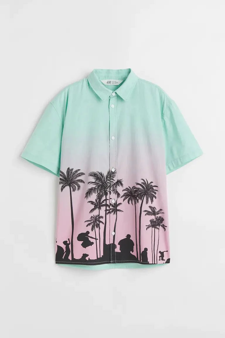H&M Patterned Cotton Shirt Light Turquoise/Palm Trees - BEAUTY BAR