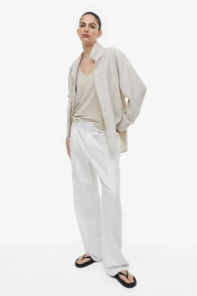 H&M V-Neck Linen-Jersey T-shirt Light Beige - BEAUTY BAR