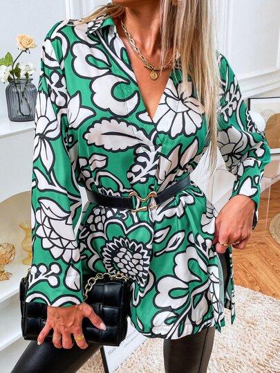 Loose Green Shirt With White Floral Print - BEAUTY BAR