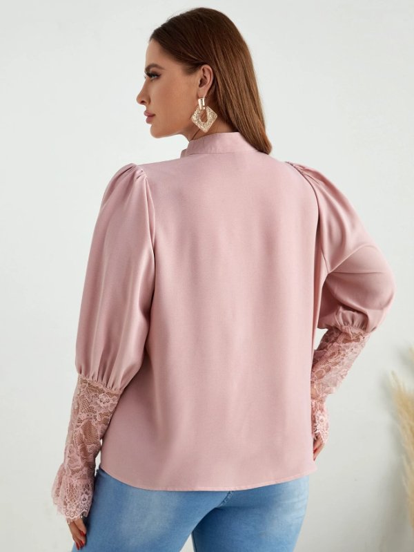 Plus Contrast Eyelash Lace Gigot Sleeve Blouse - BEAUTY BAR