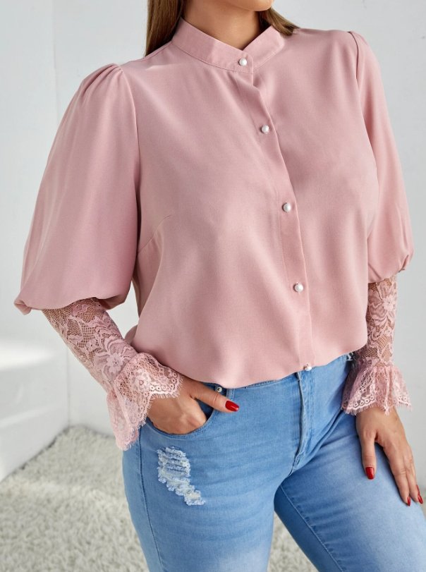 Plus Contrast Eyelash Lace Gigot Sleeve Blouse - BEAUTY BAR