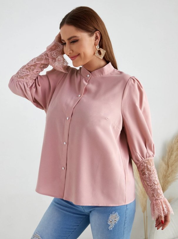Plus Contrast Eyelash Lace Gigot Sleeve Blouse - BEAUTY BAR