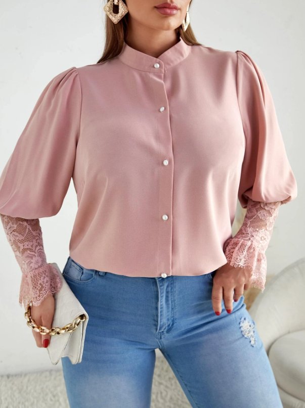 Plus Contrast Eyelash Lace Gigot Sleeve Blouse - BEAUTY BAR