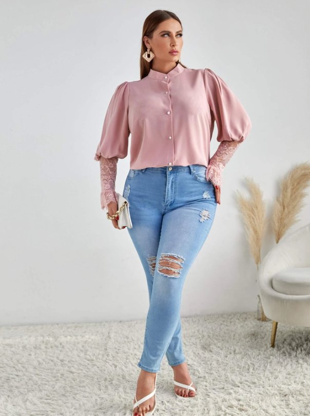 Plus Contrast Eyelash Lace Gigot Sleeve Blouse - BEAUTY BAR