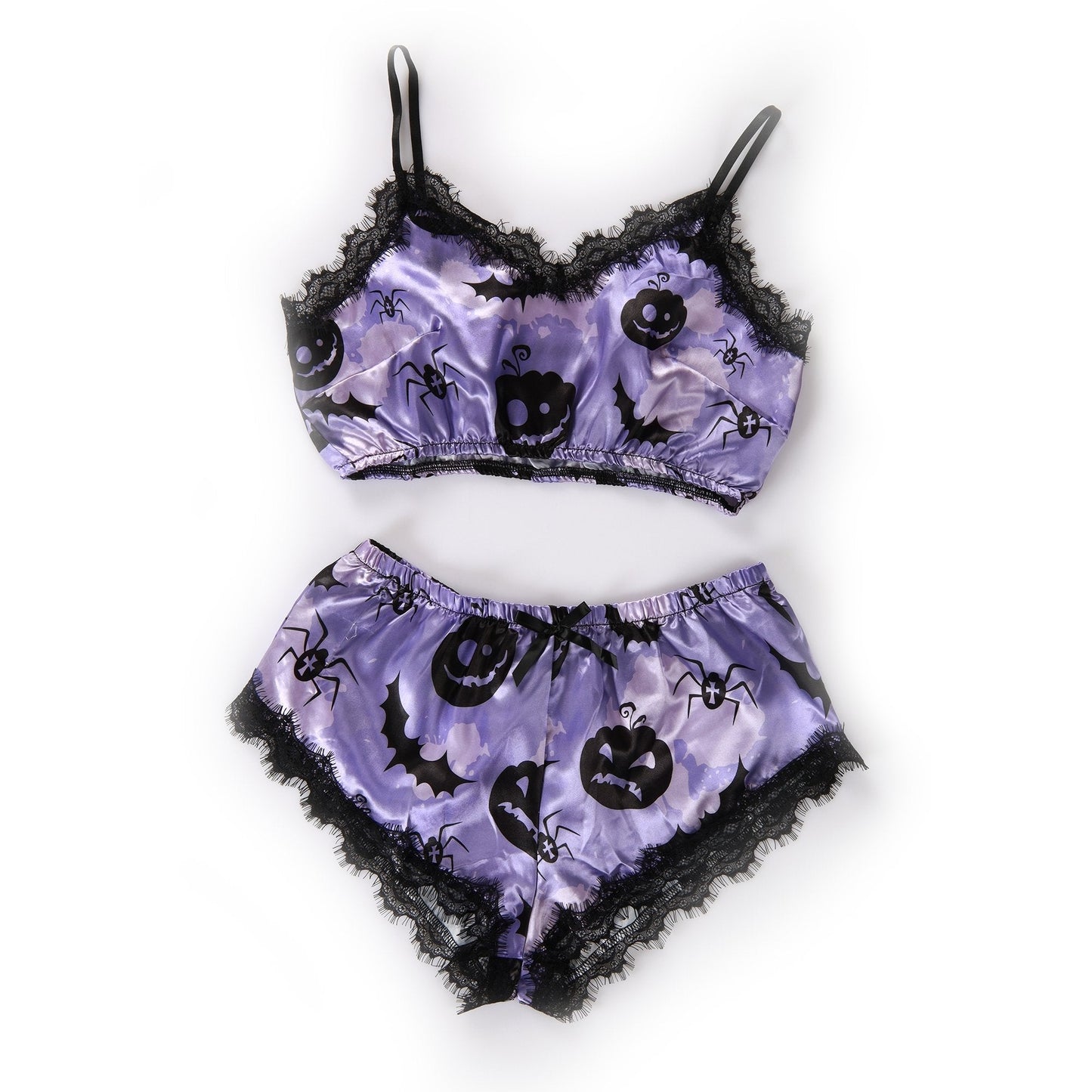 Purple Satin Halloween Pajama With Lace Trim - BEAUTY BAR