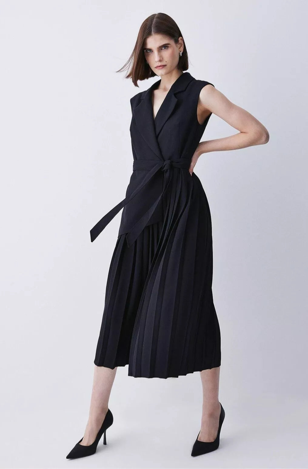 Karen Millen Petite Military Pleat Sleeveless Midi Dress Black