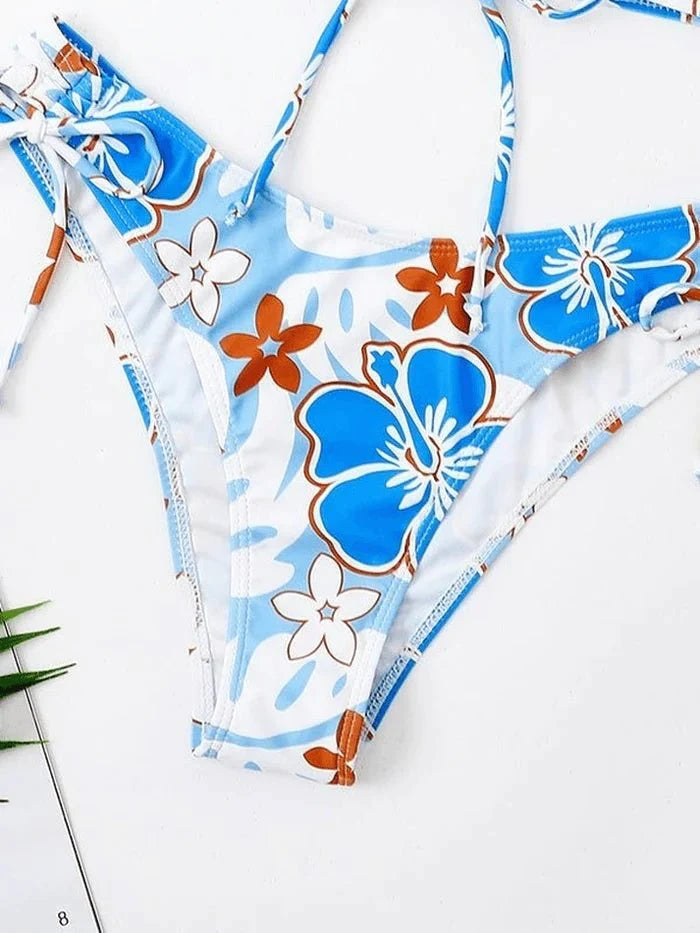 Wave Floral Print Bikini Set With Beach Skirt - BEAUTY BAR