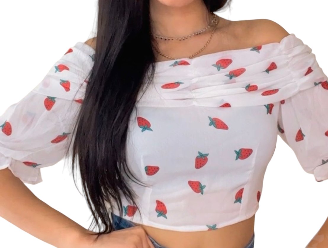 White Chiffon Blouse With Strawberry Print - BEAUTY BAR