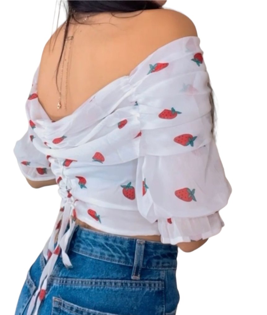 White Chiffon Blouse With Strawberry Print - BEAUTY BAR