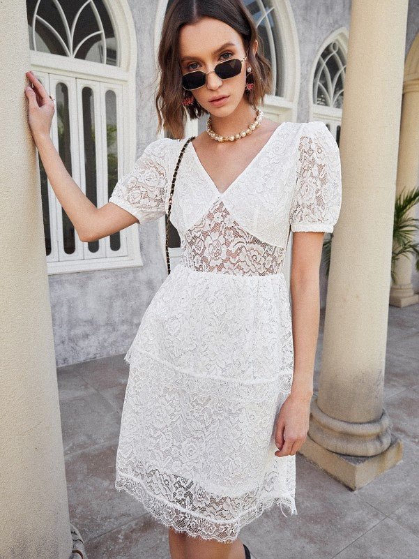 White Lace Short Dress For Women With V Neck – Checkout