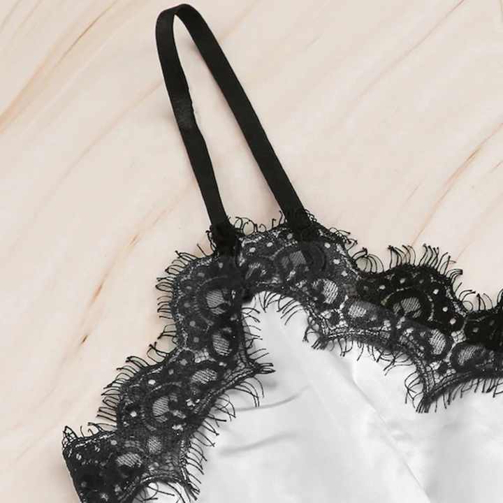 White Satin Pajama Set With Black Lace Trim - BEAUTY BAR