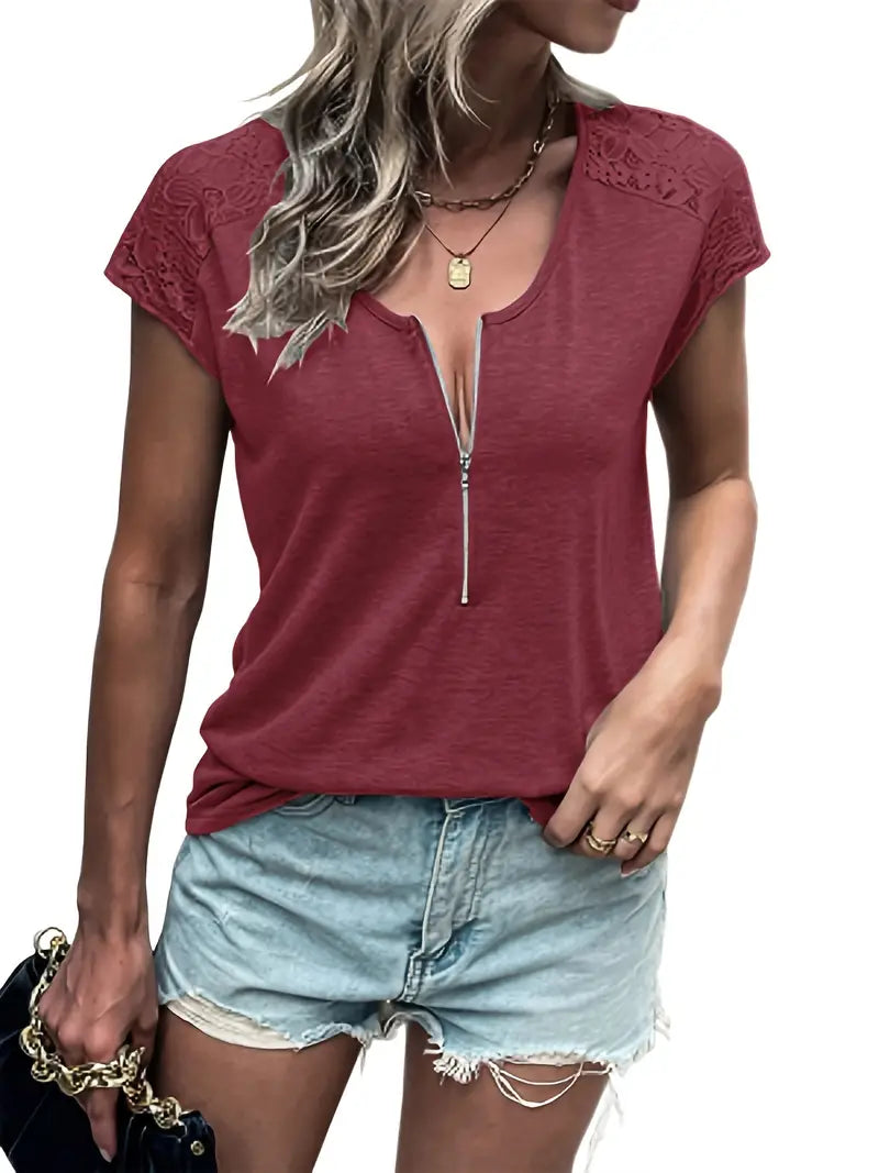 Lace Stitching Zip Up T-shirt, V Neck Short Sleeve T-Shirt