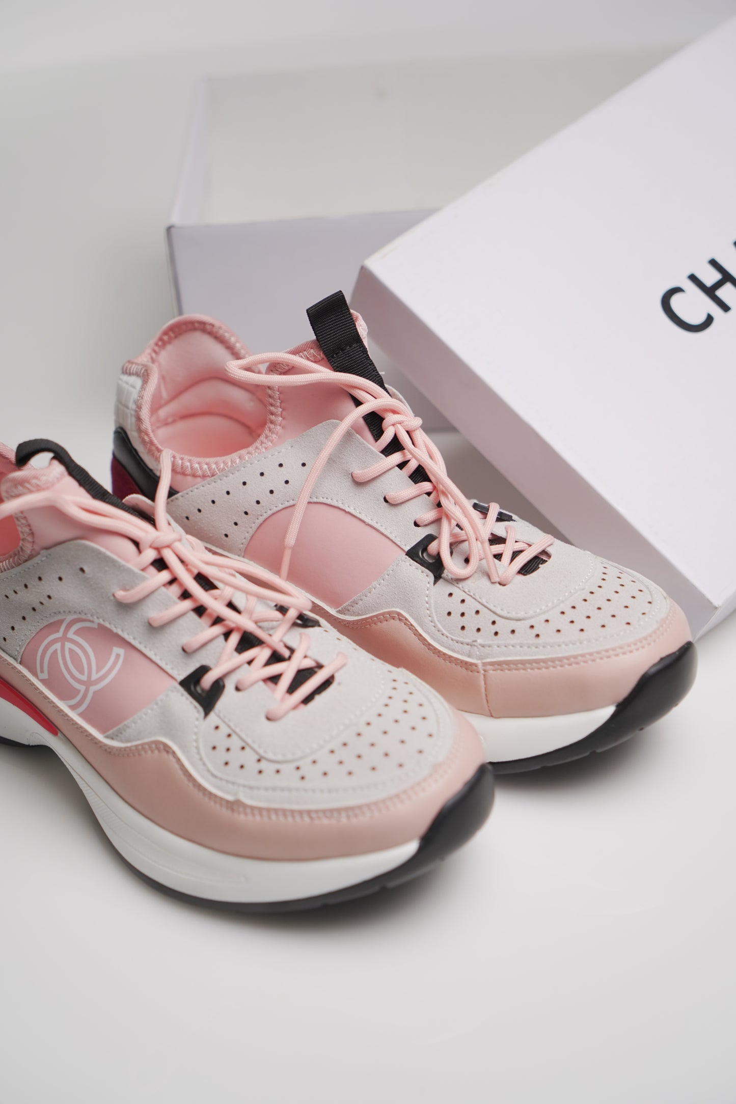 Chanel Nylon Lambskin Suede Calfskin CC Sneakers Pink