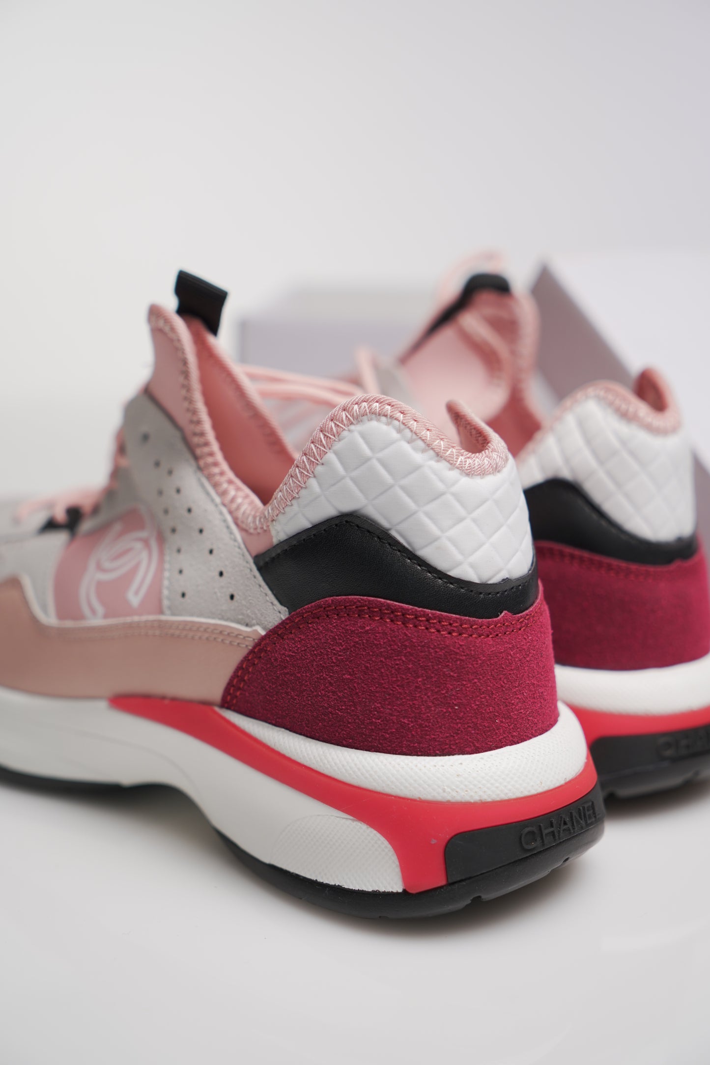 Chanel Nylon Lambskin Suede Calfskin CC Sneakers Pink