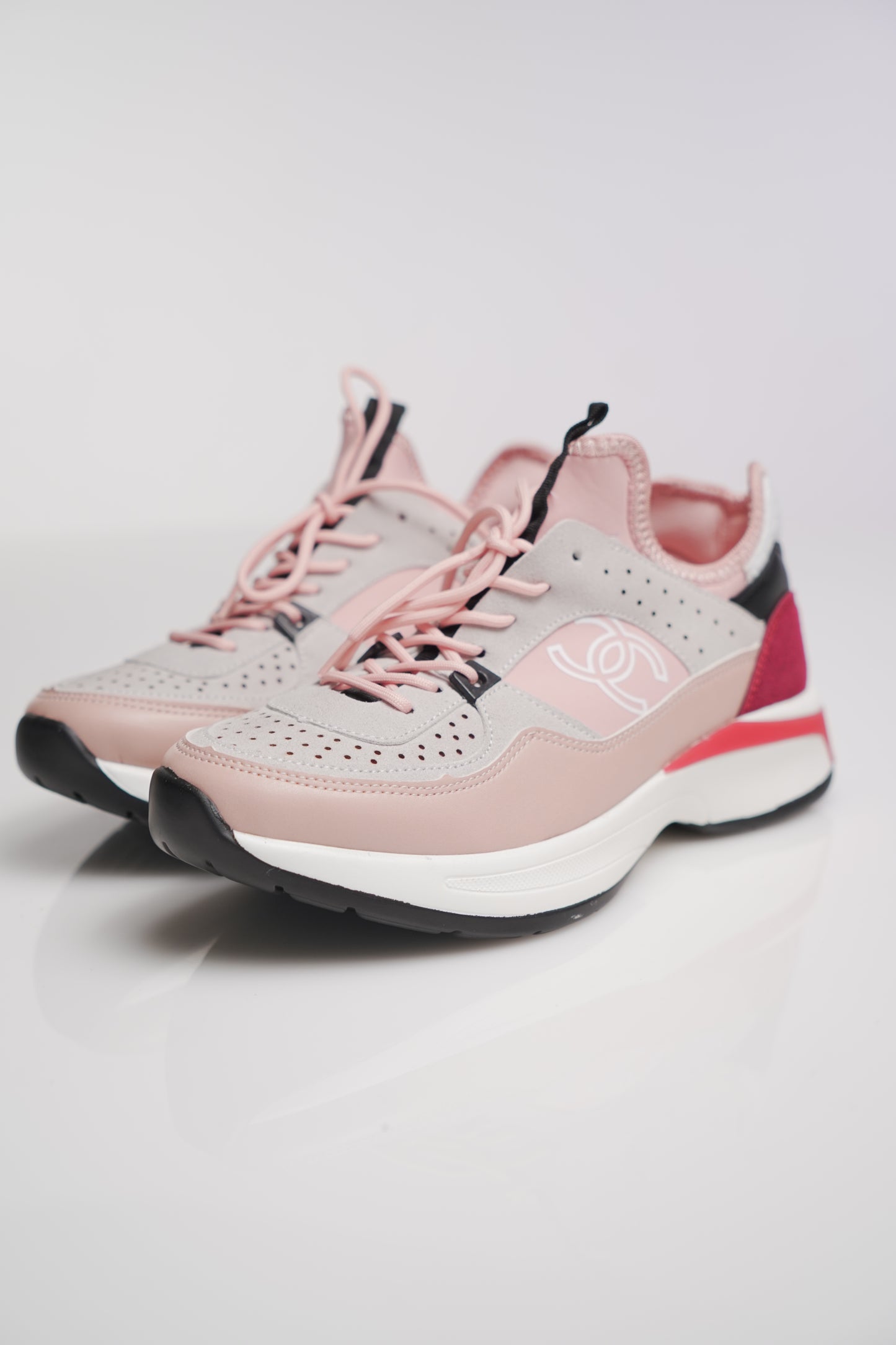 Chanel Nylon Lambskin Suede Calfskin CC Sneakers Pink