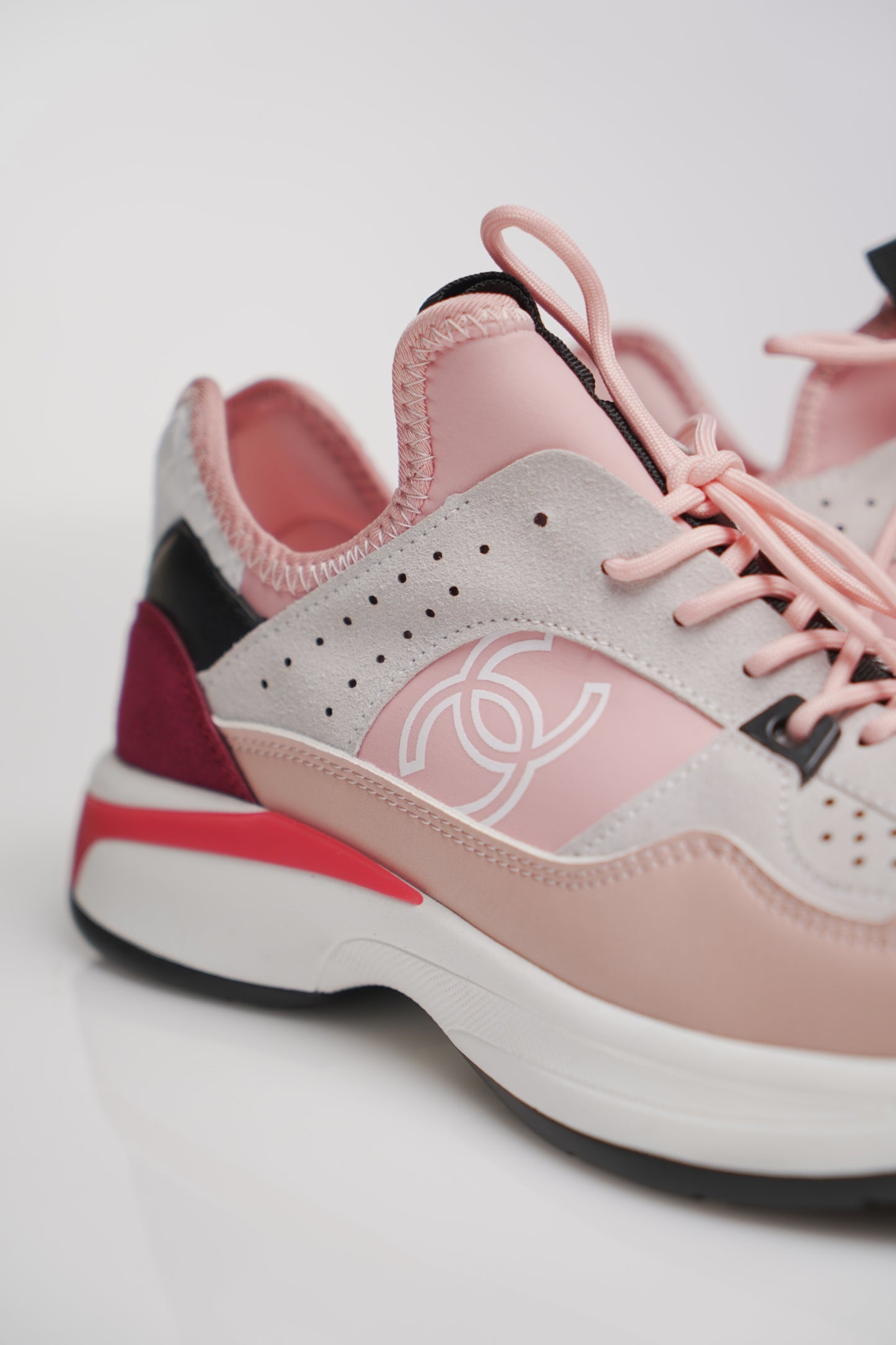 Chanel Nylon Lambskin Suede Calfskin CC Sneakers Pink