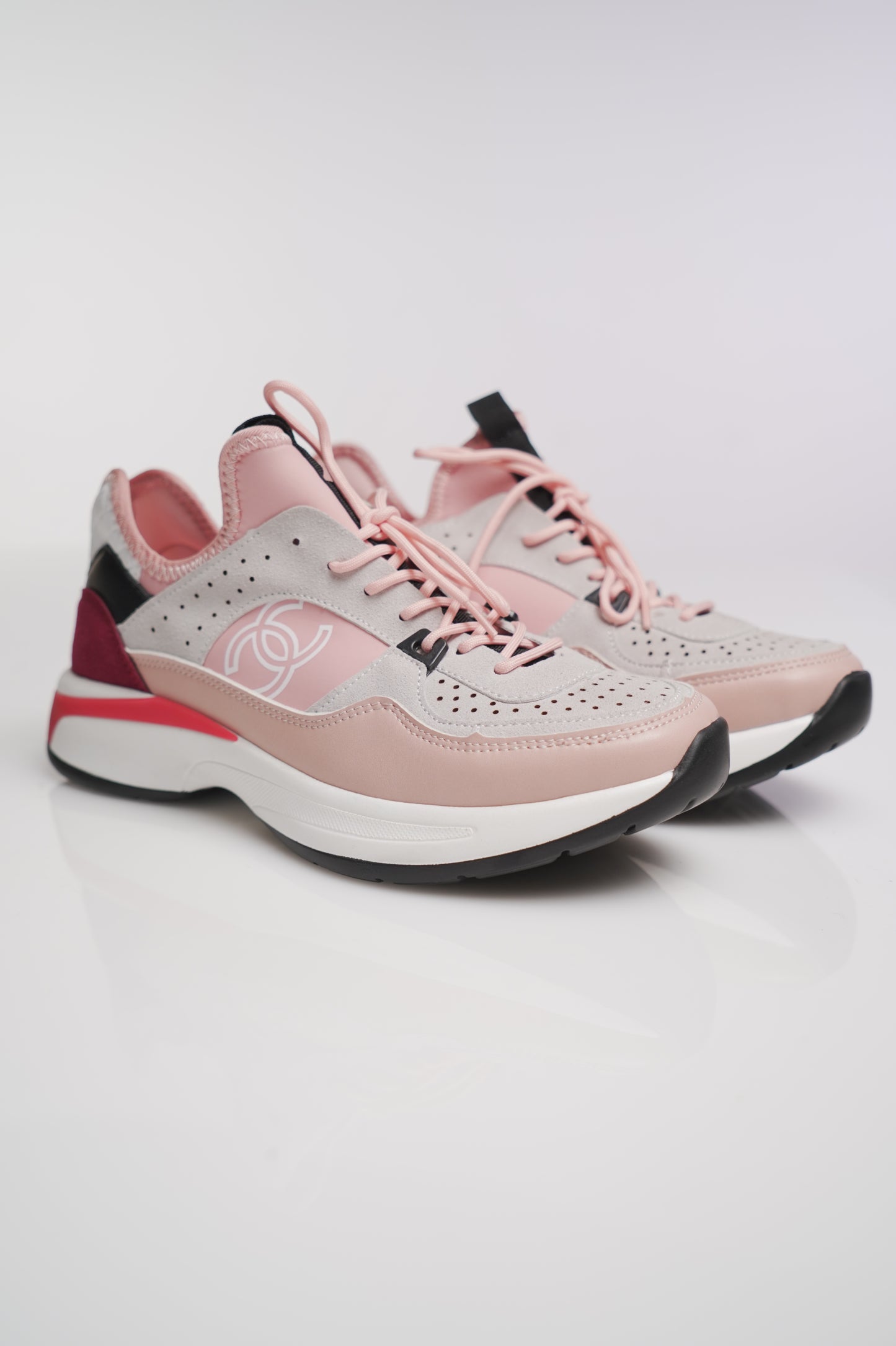 Chanel Nylon Lambskin Suede Calfskin CC Sneakers Pink