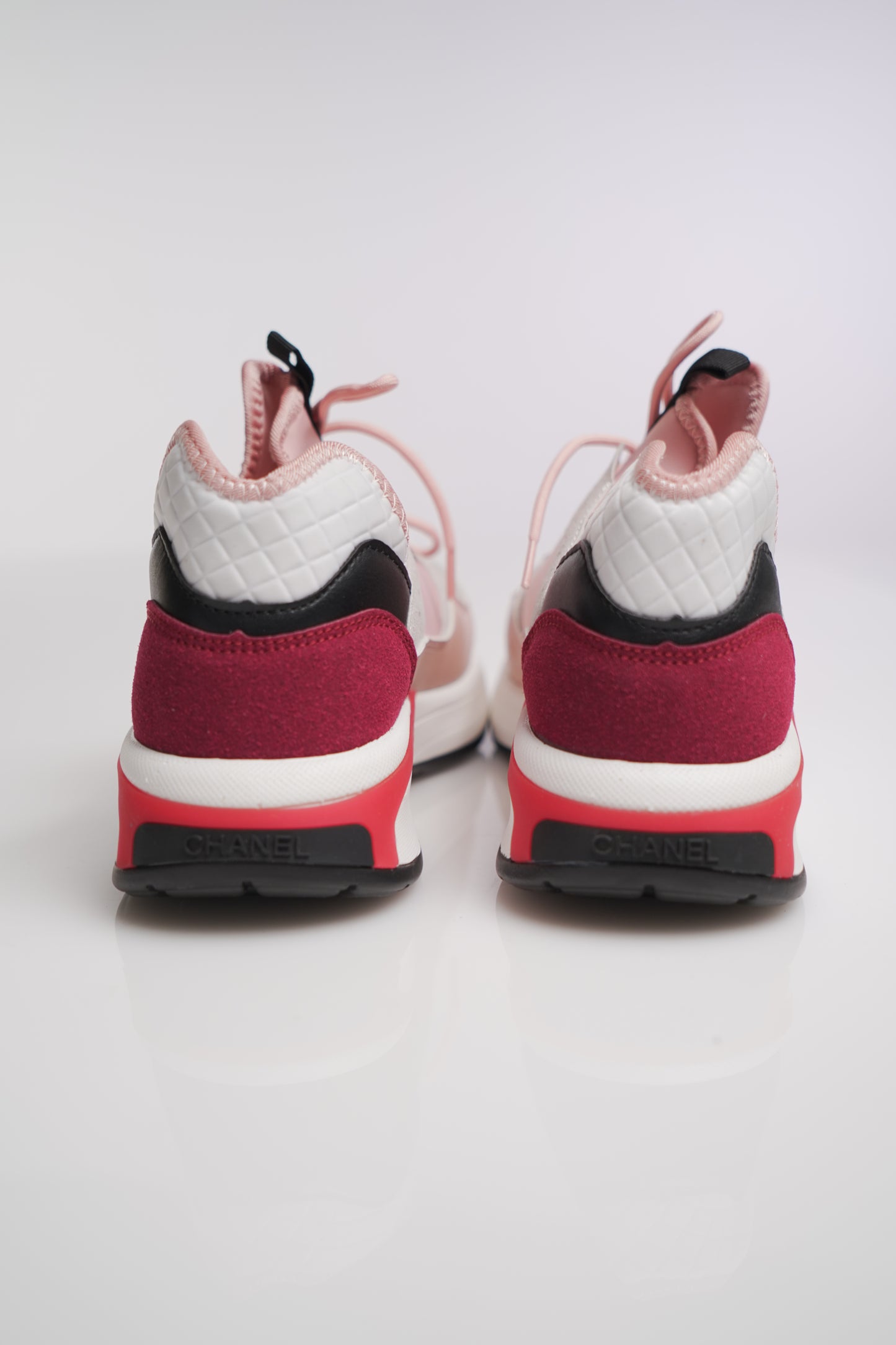 Chanel Nylon Lambskin Suede Calfskin CC Sneakers Pink