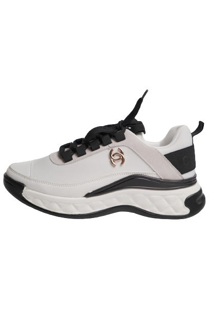 Chanel Velvet Calfskin Mixed Fibers CC Sneakers 40 Ivory Black