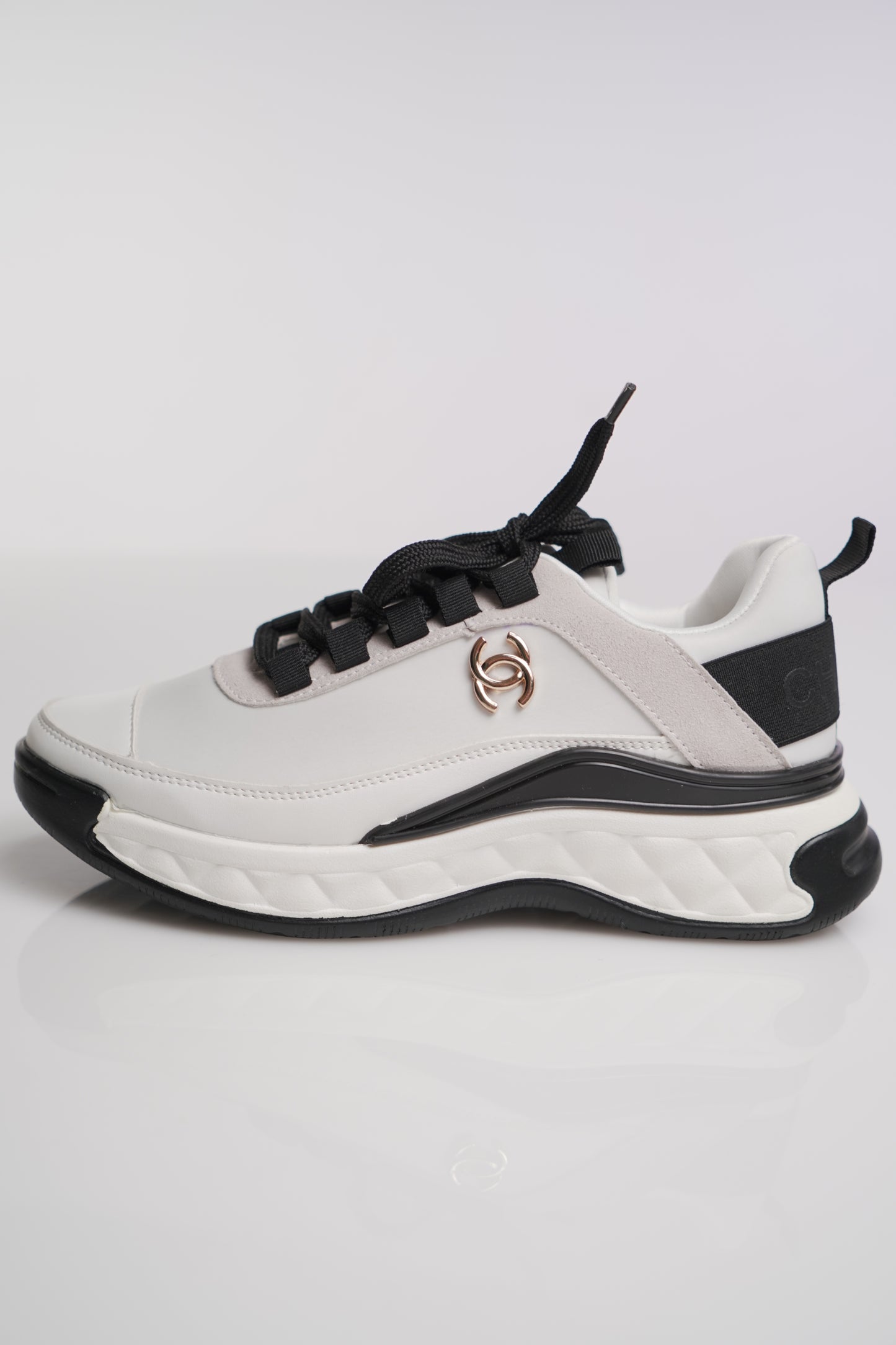 Chanel Velvet Calfskin Mixed Fibers CC Sneakers 40 Ivory Black