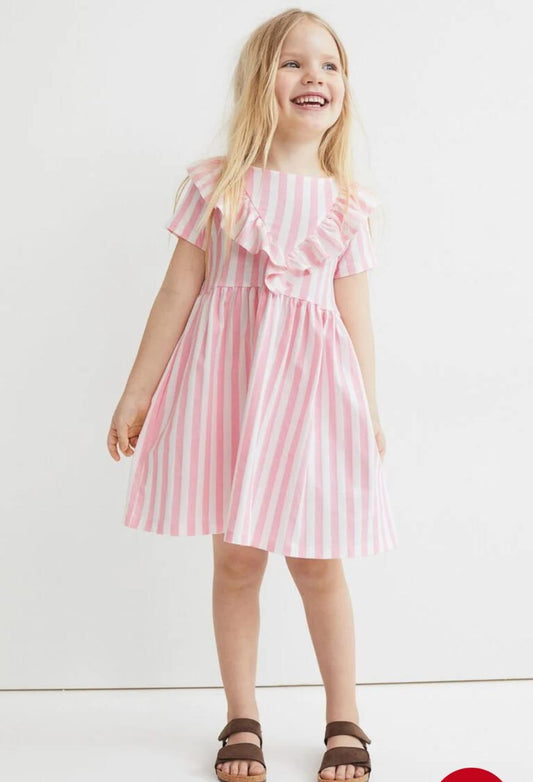 H&M Flounce-Trimmed Dress Light Pink/White Striped