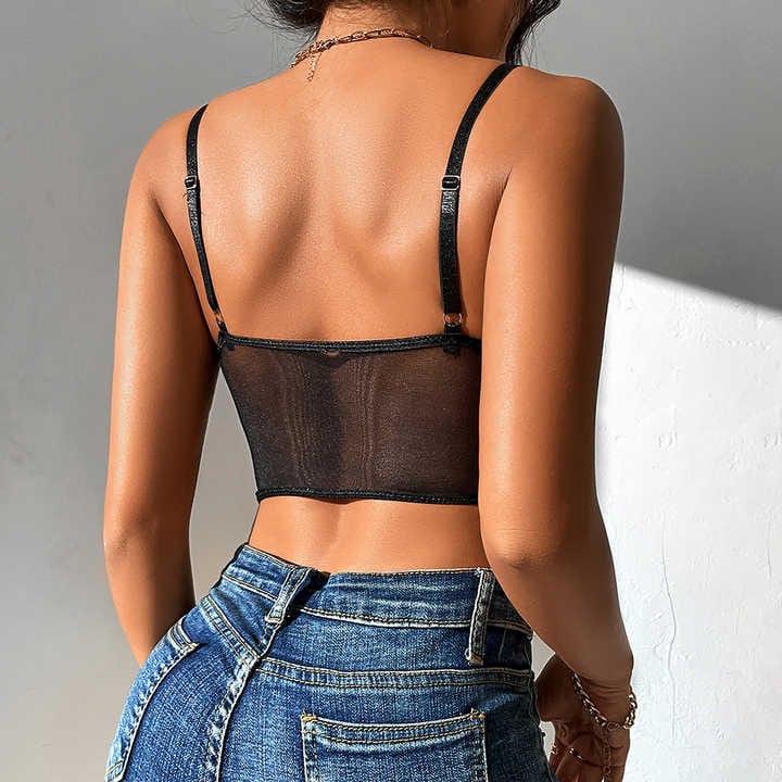 Black Crop Top With Satin Strap In Middle - BEAUTY BAR