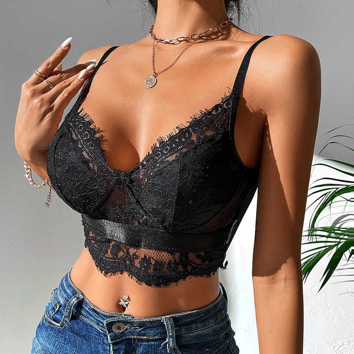 Black Crop Top With Satin Strap In Middle - BEAUTY BAR