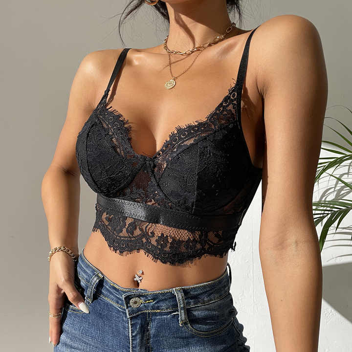 Black Crop Top With Satin Strap In Middle - BEAUTY BAR