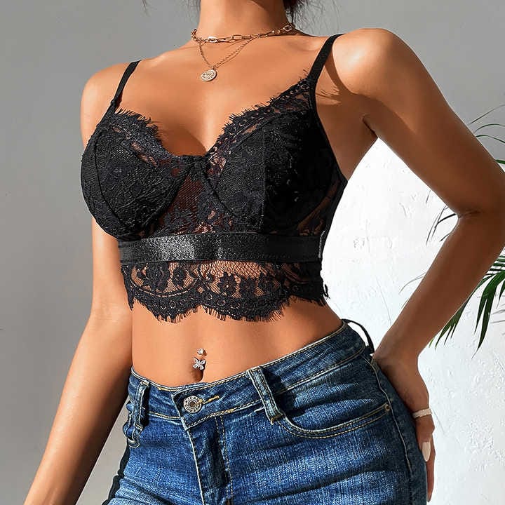 Black Crop Top With Satin Strap In Middle - BEAUTY BAR