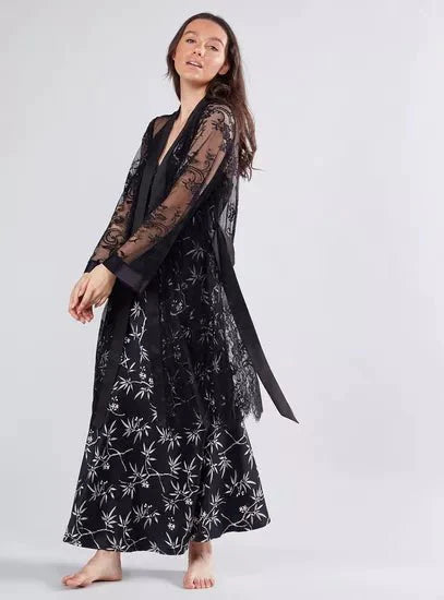 Black Lace Robe With Satin Strap - BEAUTY BAR