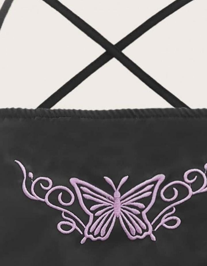 Black Satin Top With Purple Butterfly And Ends Of Lace - BEAUTY BAR