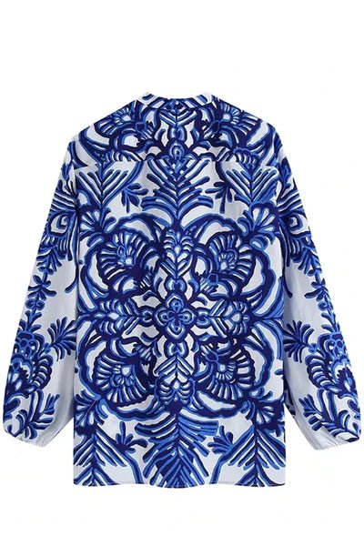 Christa White Patterned Floral V-NeckLong Sleeve Shirt - BEAUTY BAR